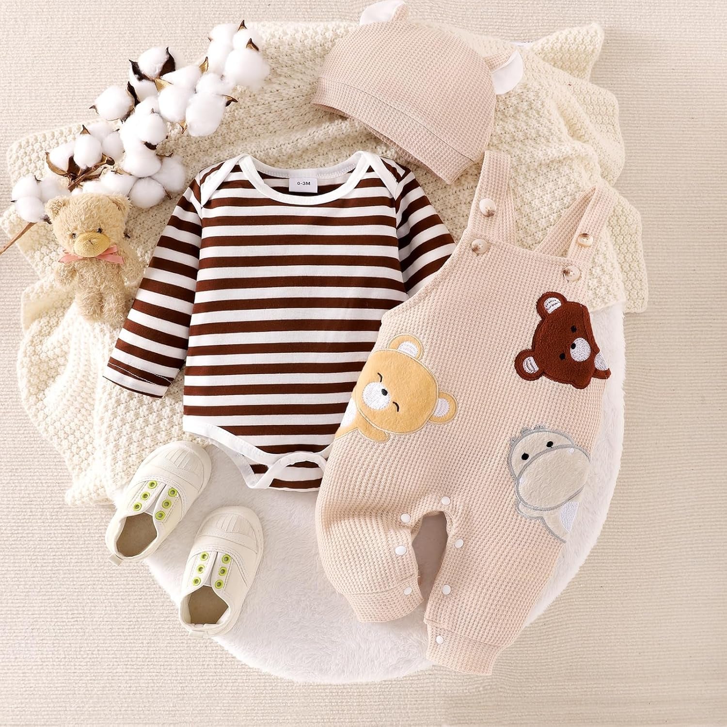 Baby Boy Clothes Newborn Striped Romper Fall Outfits + Infant Cartoon Suspender Overall + Cute Hat 3 Pcs 0-18 Months