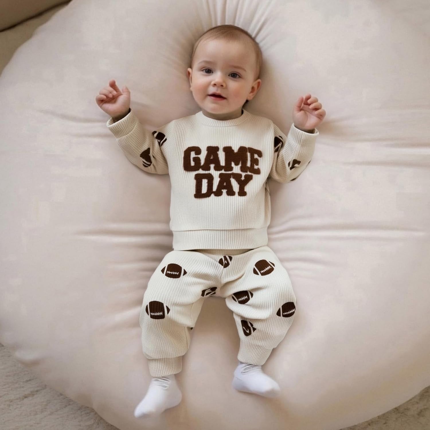 Toddler Baby Boy Football Outfits Fall Winter Clothes Game Day Embroidery Crewneck Sweatshirt + Pants Waffle Set