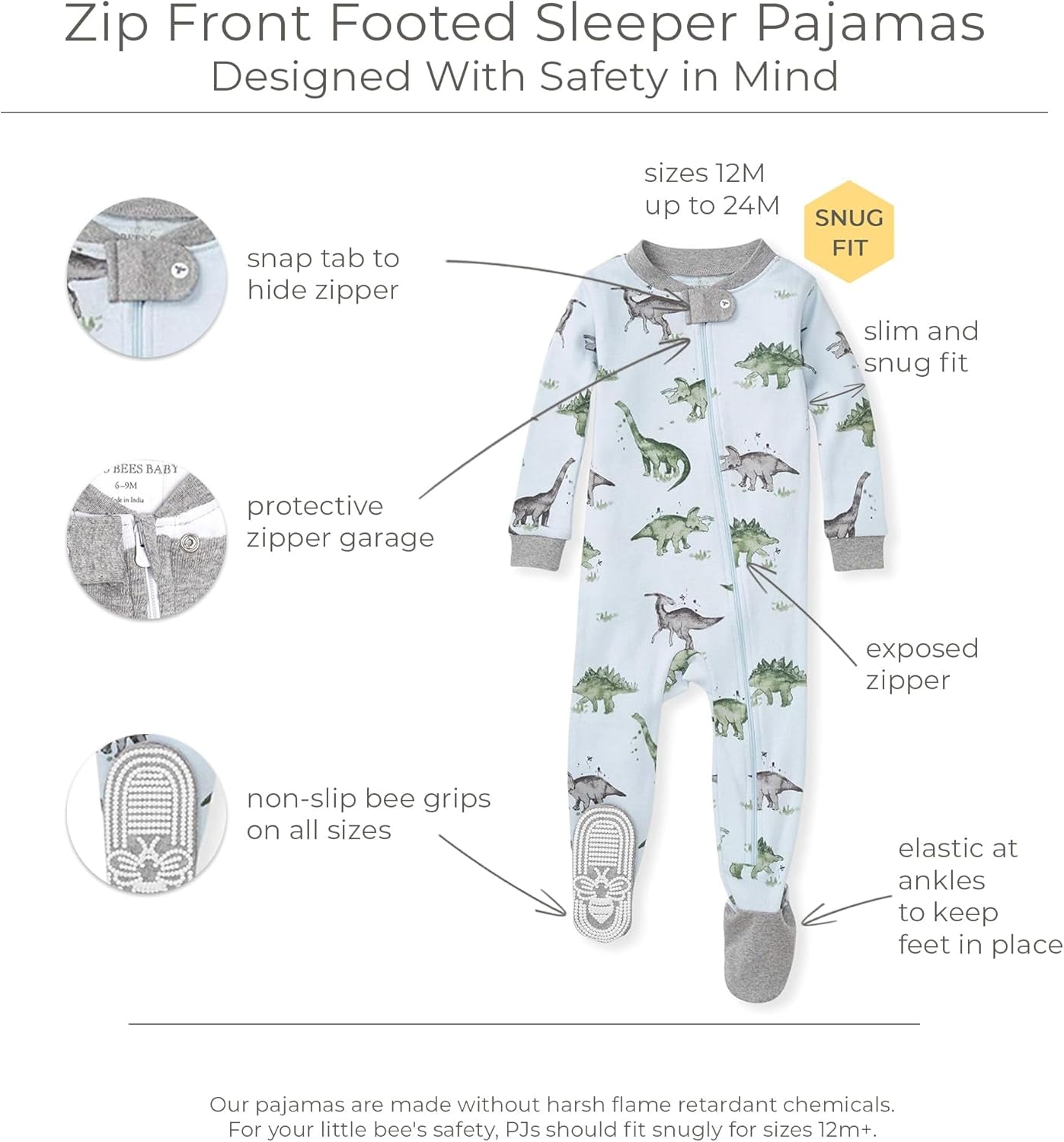 Baby-Boys Sleeper Pjs, 100% Organic Cotton, One-Piece Footie, Zip up Jumpsuit, Snug Fit Pajamas
