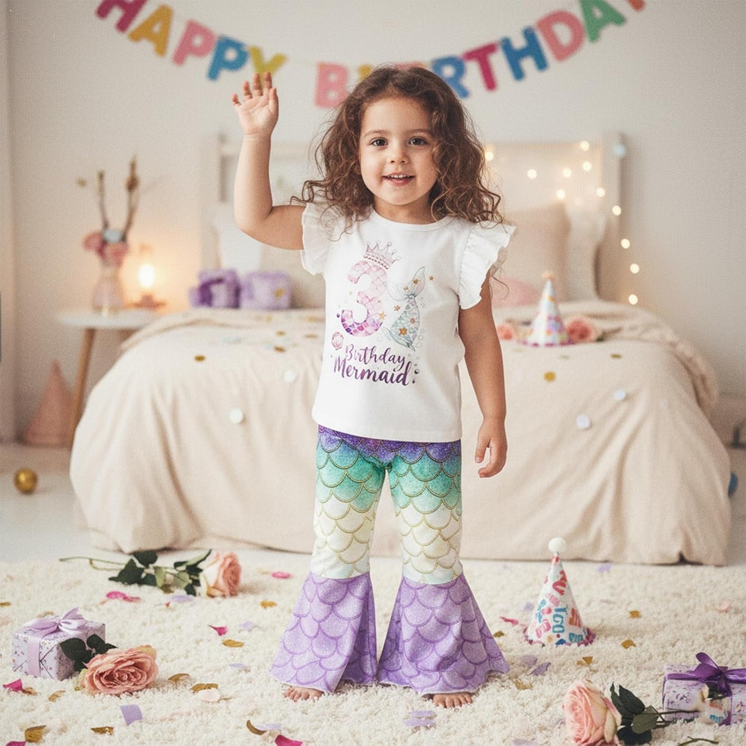 Toddler Baby Girl Birthday Mermaid Outfit 2Nd 3Rd 4Th T-Shirt Top with Mermaid Pants Summer Cake Smash Clothes Set