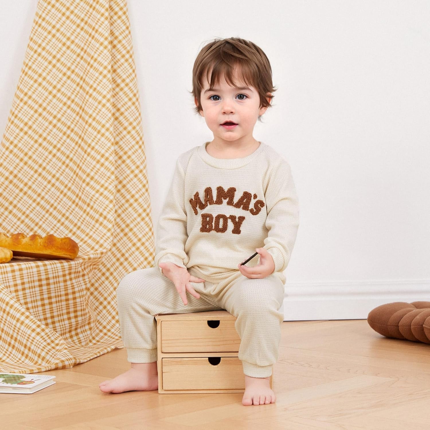 Toddler Baby Boy Fall Winter Clothes Embroidery Waffle Knit Sweatshirt Pullover Tops + Casual Pants Outfit Set