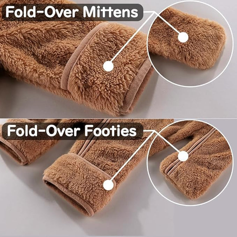 Newborn Baby Bear Outfit with Fold-Over Mittens and Footies Girls Boys Winter Fleece Clothes Hooded Romper Snowsuit