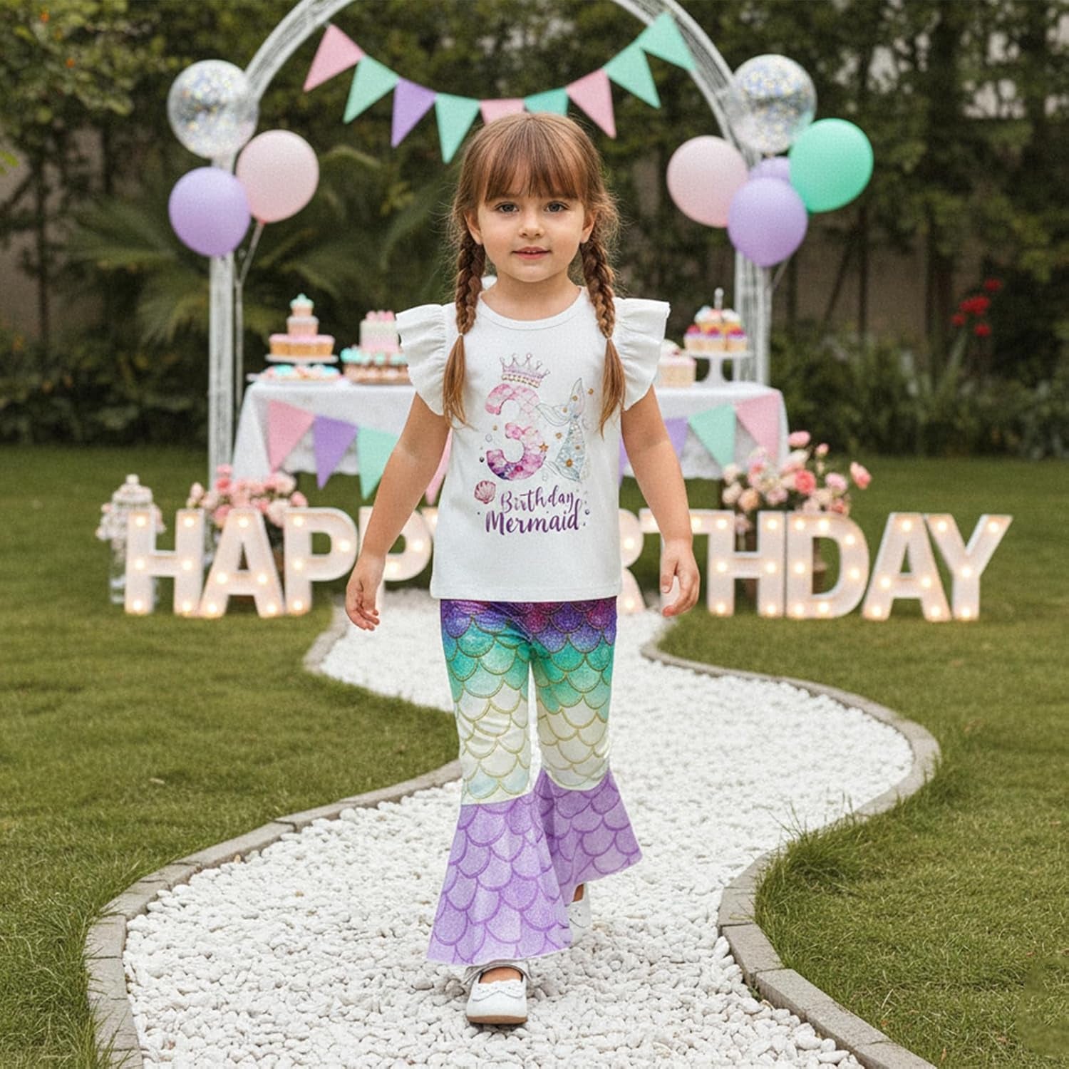 Toddler Baby Girl Birthday Mermaid Outfit 2Nd 3Rd 4Th T-Shirt Top with Mermaid Pants Summer Cake Smash Clothes Set