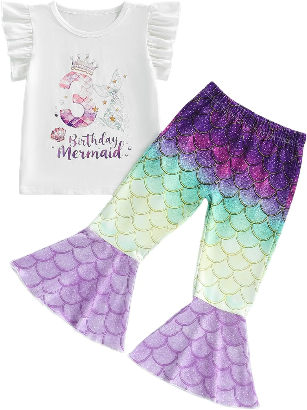 Toddler Baby Girl Birthday Mermaid Outfit 2Nd 3Rd 4Th T-Shirt Top with Mermaid Pants Summer Cake Smash Clothes Set