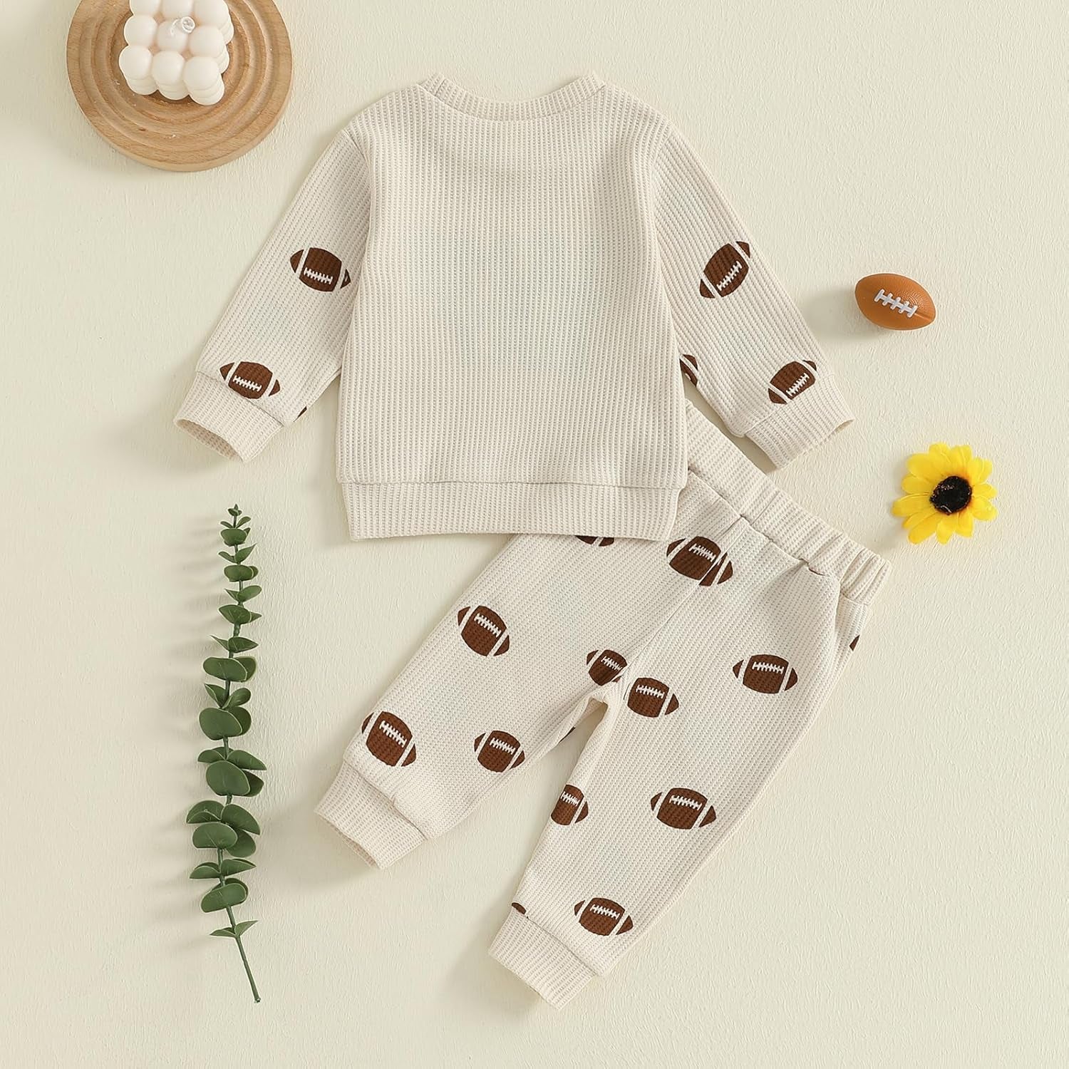 Toddler Baby Boy Football Outfits Fall Winter Clothes Game Day Embroidery Crewneck Sweatshirt + Pants Waffle Set