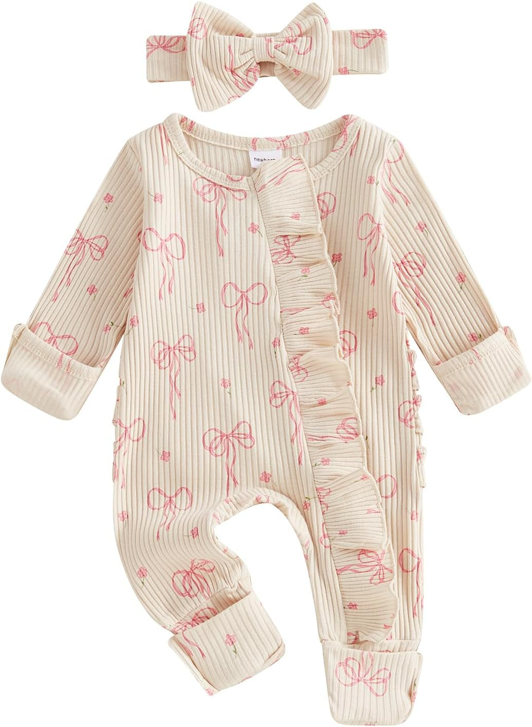 Newborn Baby Girl Coming Home Outfit Ruffle Romper Onesie Cute Ribbed Knit Jumpsuit Winter Clothes and Headband