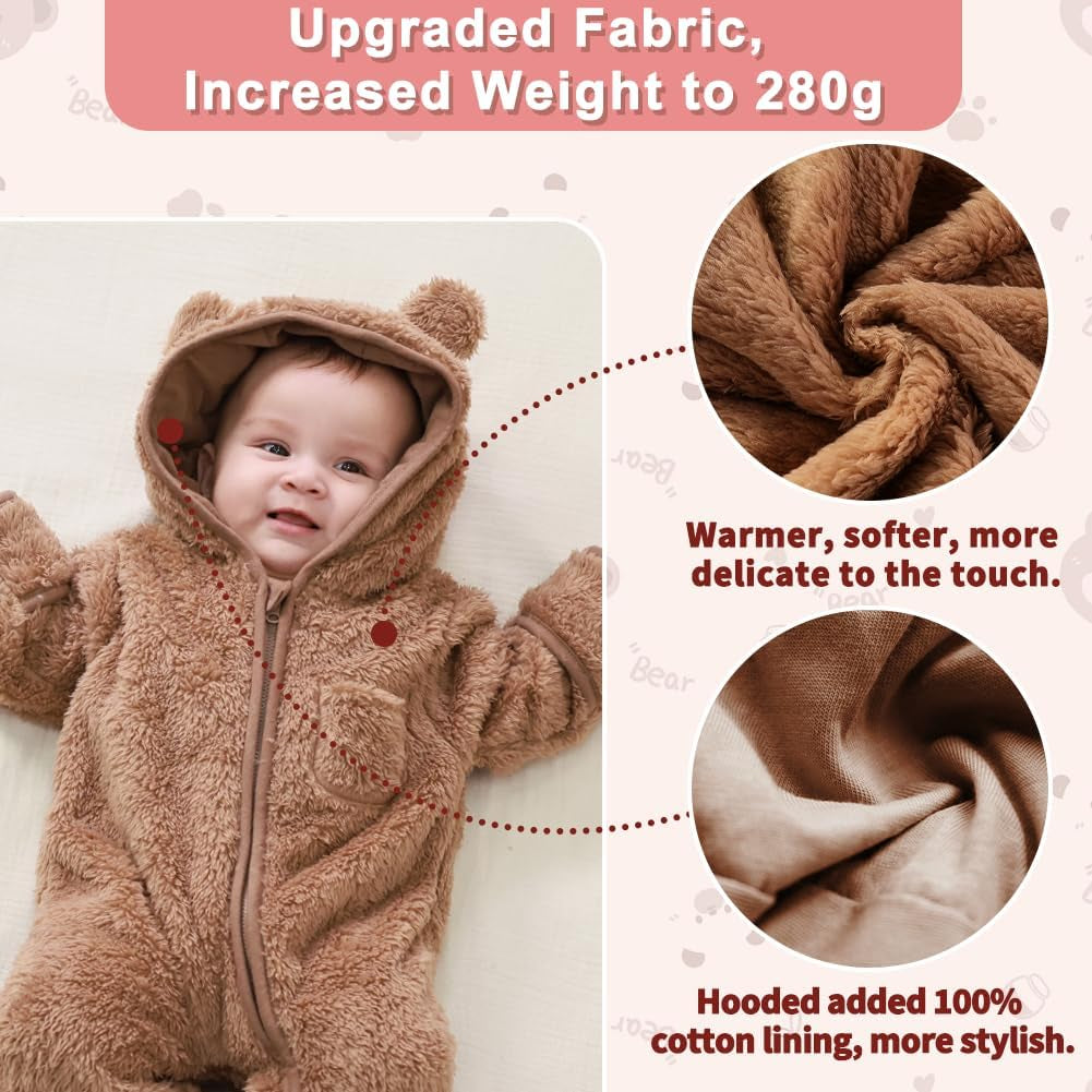 Newborn Baby Bear Outfit with Fold-Over Mittens and Footies Girls Boys Winter Fleece Clothes Hooded Romper Snowsuit