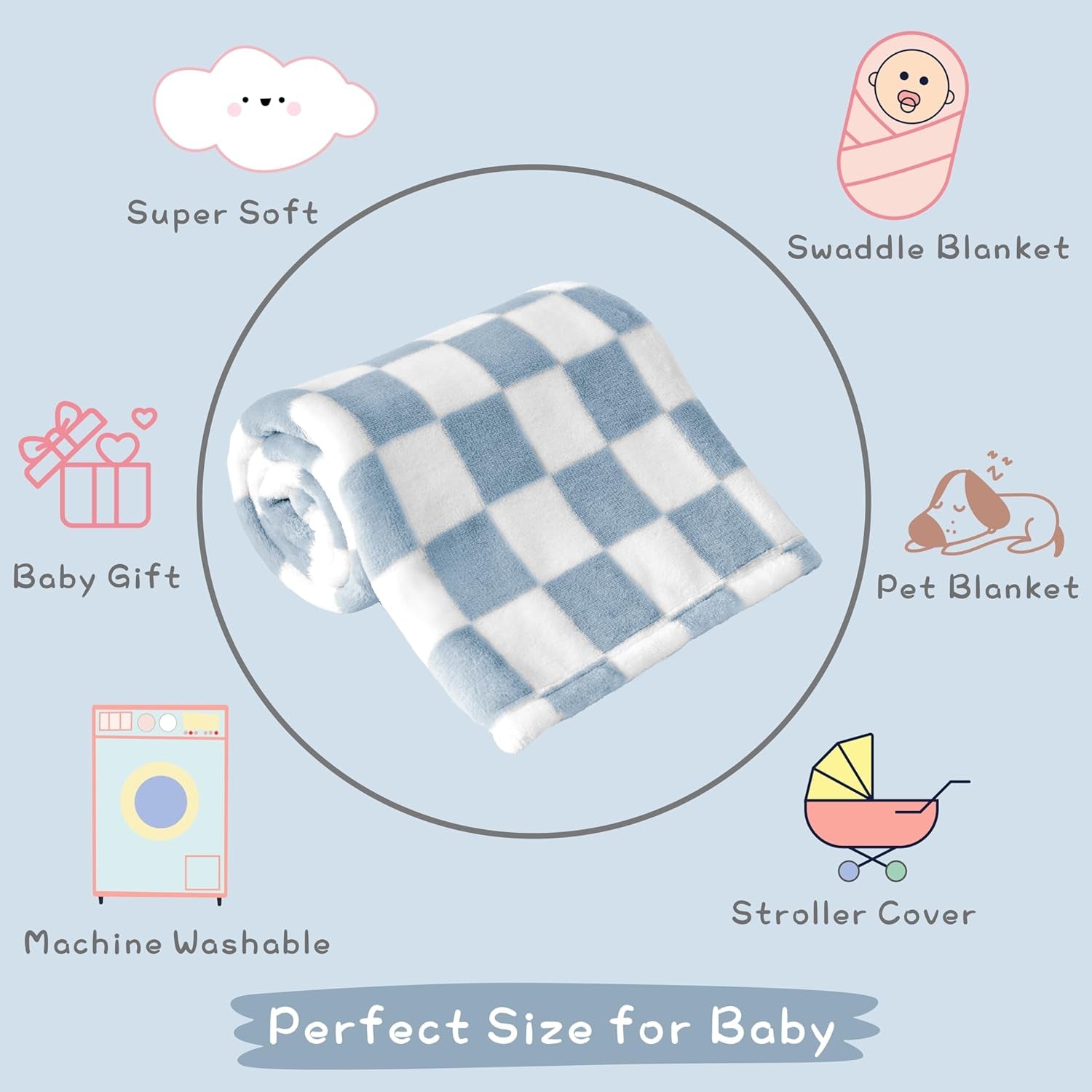 Checkered Baby Blanket Fleece Baby Blankets for Boys, Ultra Soft Cozy Fluffy Infant Toddler Newborn Receiving Blankets for Crib Stroller, 30''X40'', Blue