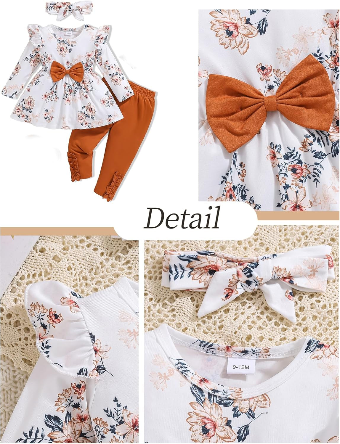Toddler Baby Girl Clothes Infant Girl Outfits Fall Ruffle Floral T-Shirt Top Pants Set Winter Spring Clothes