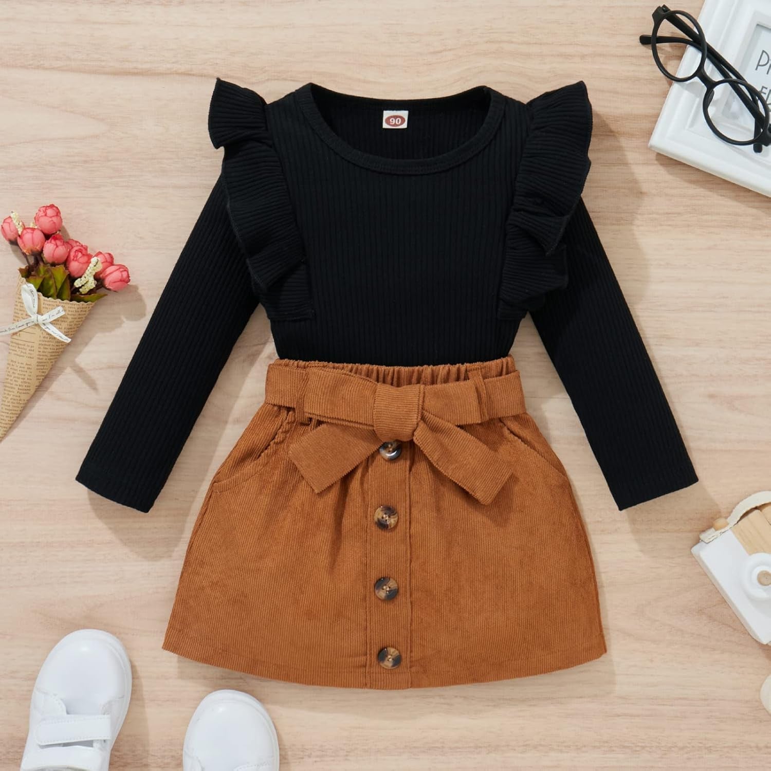Baby Toddler Girl Outfits Fall Winter Clothes Turtleneck Knitted Cotton Long Sleeves Tops & Button Mini Skirts Set