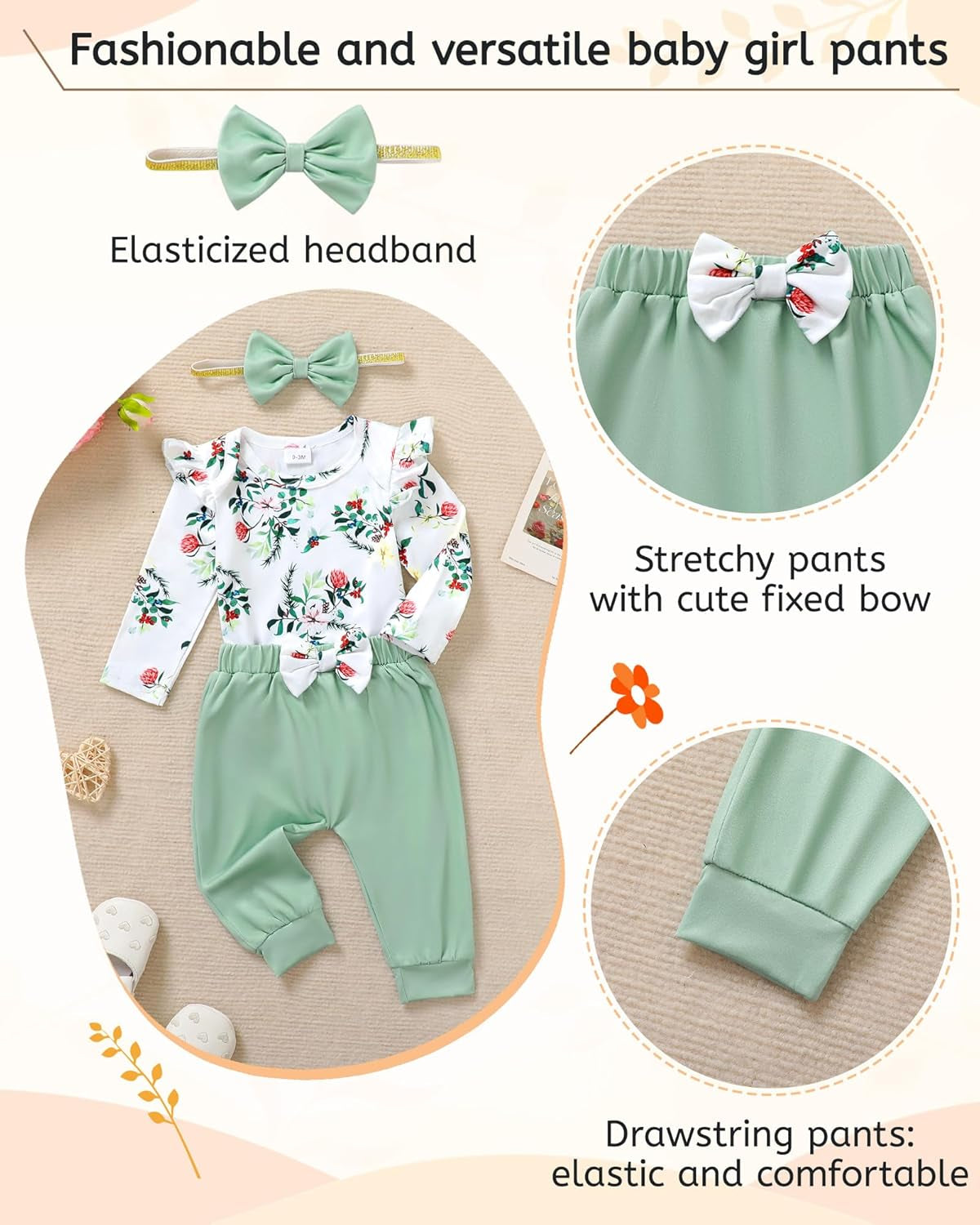 Baby Girl Clothes Newborn Infant Girl Outfits Floral Romper+Pants+Headband Fall Baby Layettes for Clothing 0-18 Months