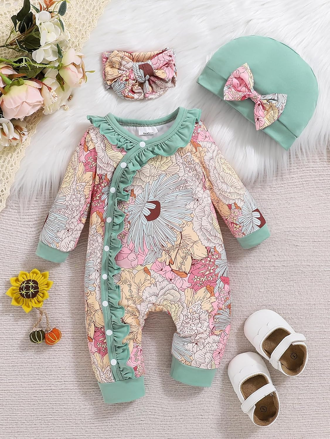 Newborn Baby Girl Clothes Infant Floral Print One-Piece Romper+Jumpsuit+Bodysuit+Hat+Headband