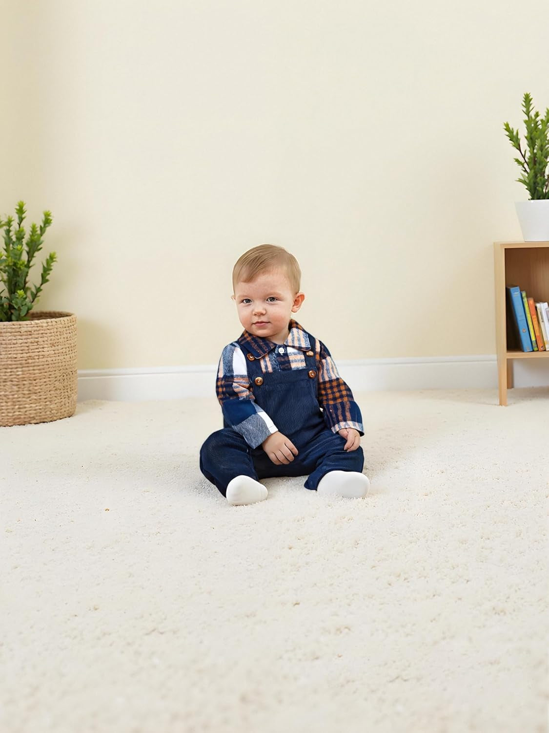 Baby Boy Clothes Flannel Plaid Bodysuit+Corduroy Overalls+Beret Hat 3Pcs Fall Winter Outfits for 3-24 Months Boys