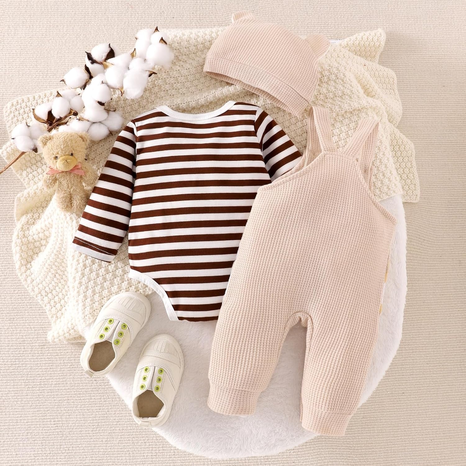 Baby Boy Clothes Newborn Striped Romper Fall Outfits + Infant Cartoon Suspender Overall + Cute Hat 3 Pcs 0-18 Months