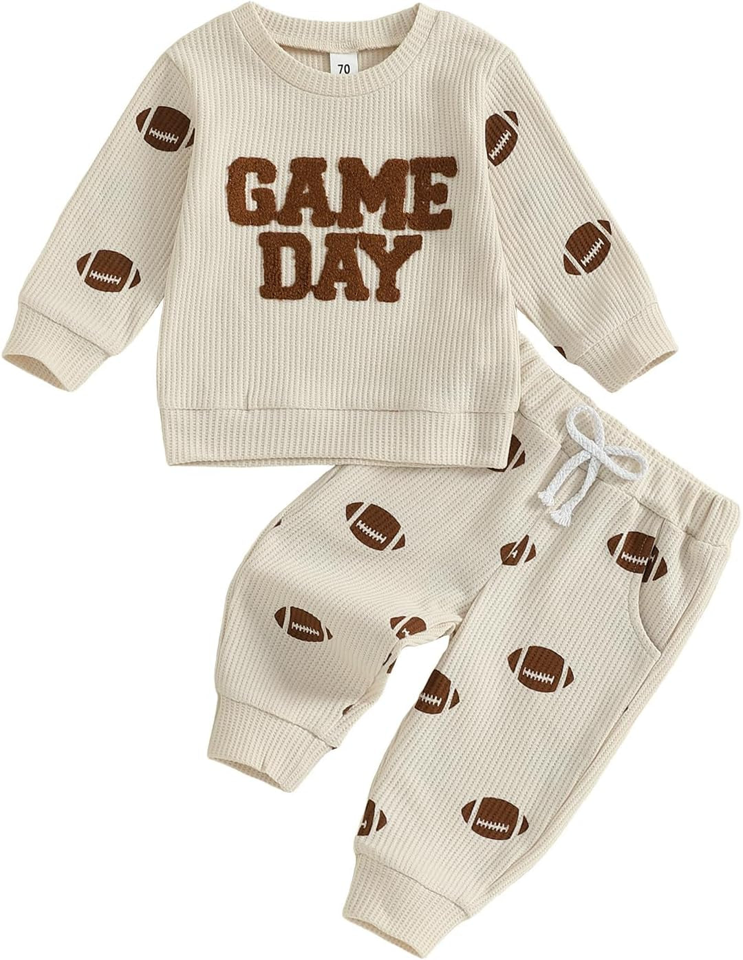 Toddler Baby Boy Football Outfits Fall Winter Clothes Game Day Embroidery Crewneck Sweatshirt + Pants Waffle Set