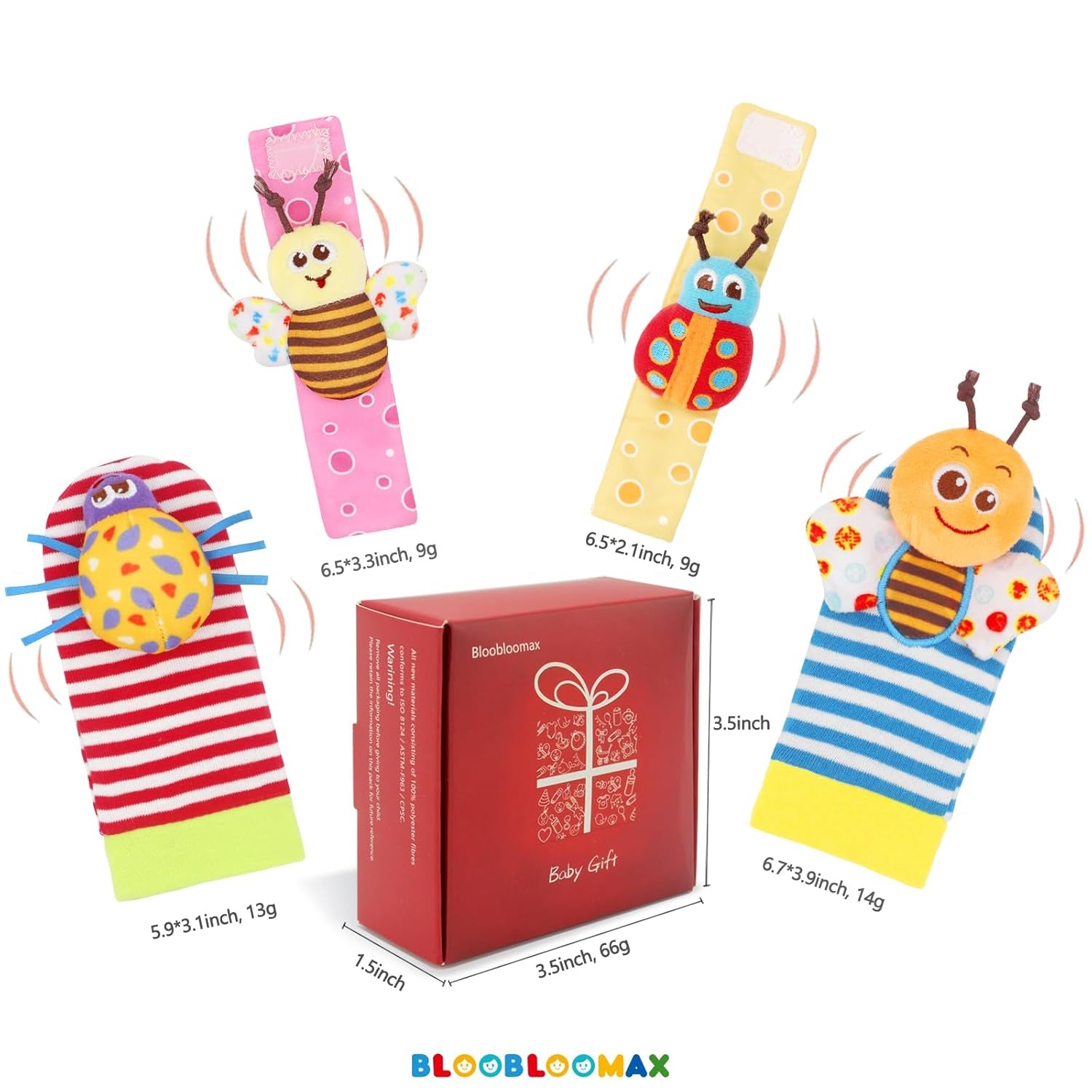 Wrist Rattle Socks and Foot Finder Set, Infant Girl Boy Toys for Babies 0-36 Months, Newborn Hand & Foot Toys for 0 to 3 Years, Baby Shower Gifts Set (Red Gift Box)