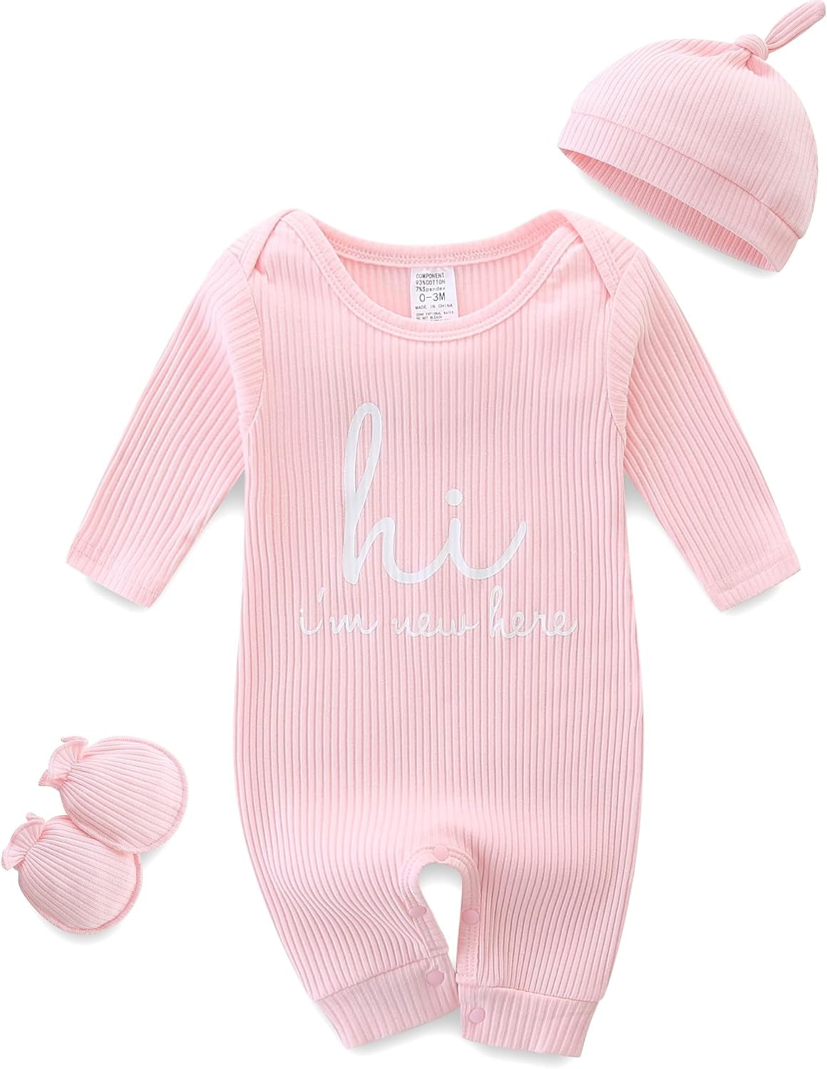 Baby Romper with Baby Mittens & Newborn Hats Footless Long Sleeve Solid Onesie Hi Im New Here