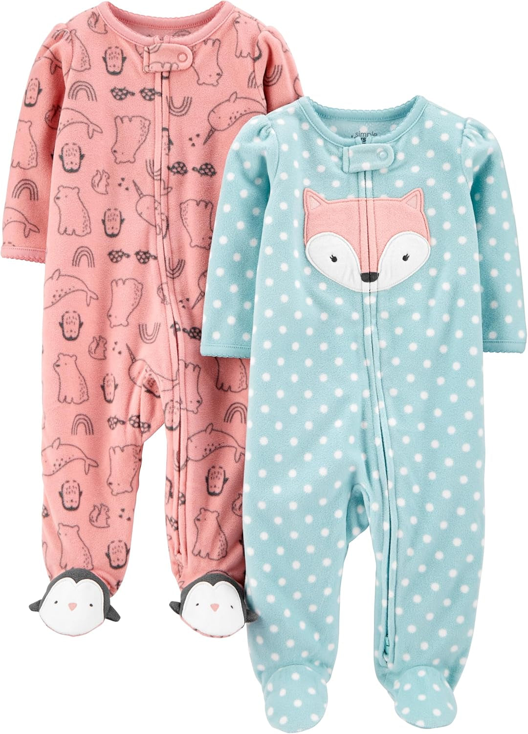 Baby-Girls Cotton and Fleece Footed Sleep and Play, Pack of 2