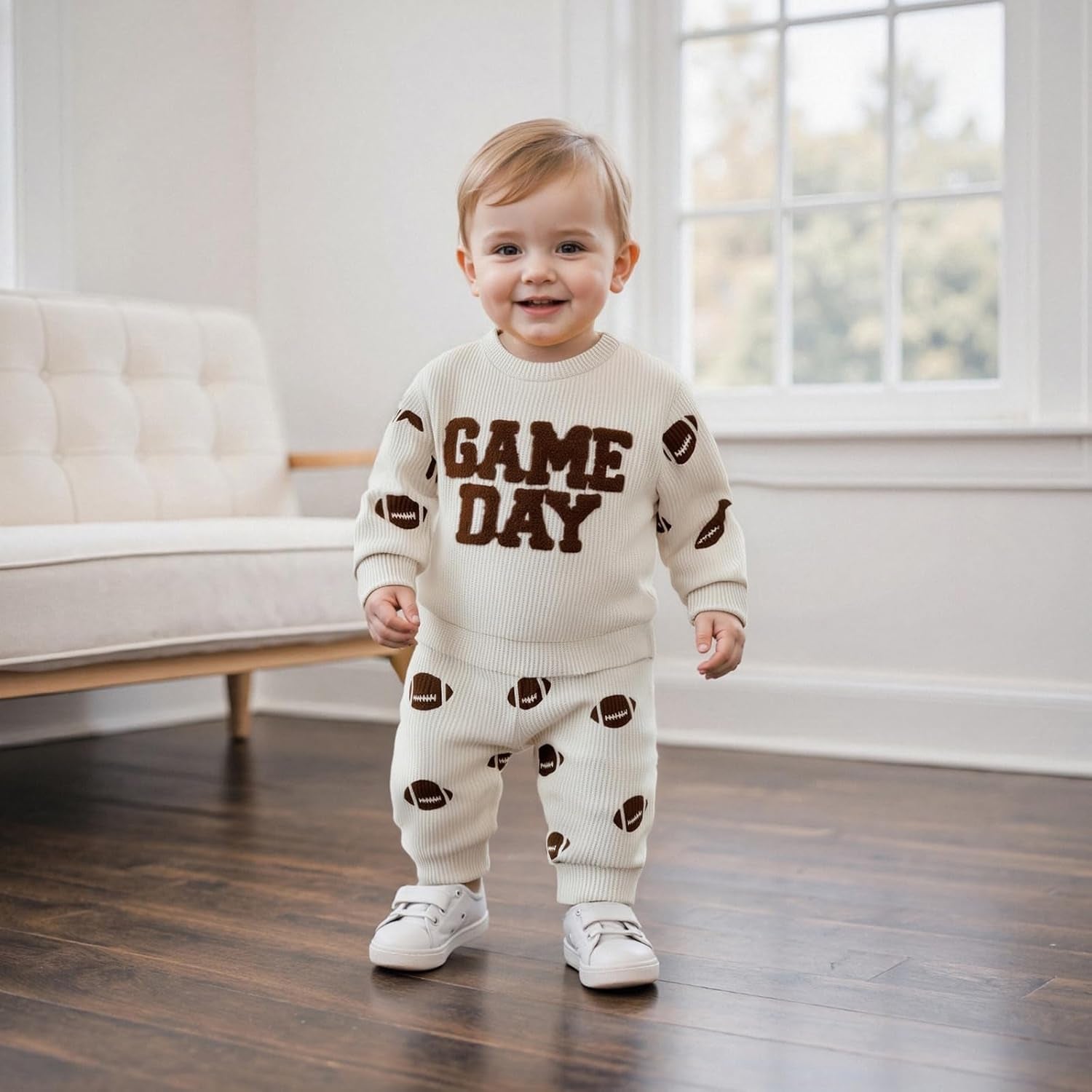 Toddler Baby Boy Football Outfits Fall Winter Clothes Game Day Embroidery Crewneck Sweatshirt + Pants Waffle Set