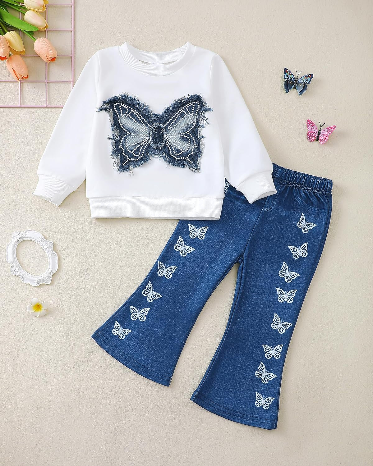Toddler Baby Girl Clothes Fall Winter Outfits Gifts Sweatshirt Bell Bottom Jeans Pants for 12Months-5 Year Girls