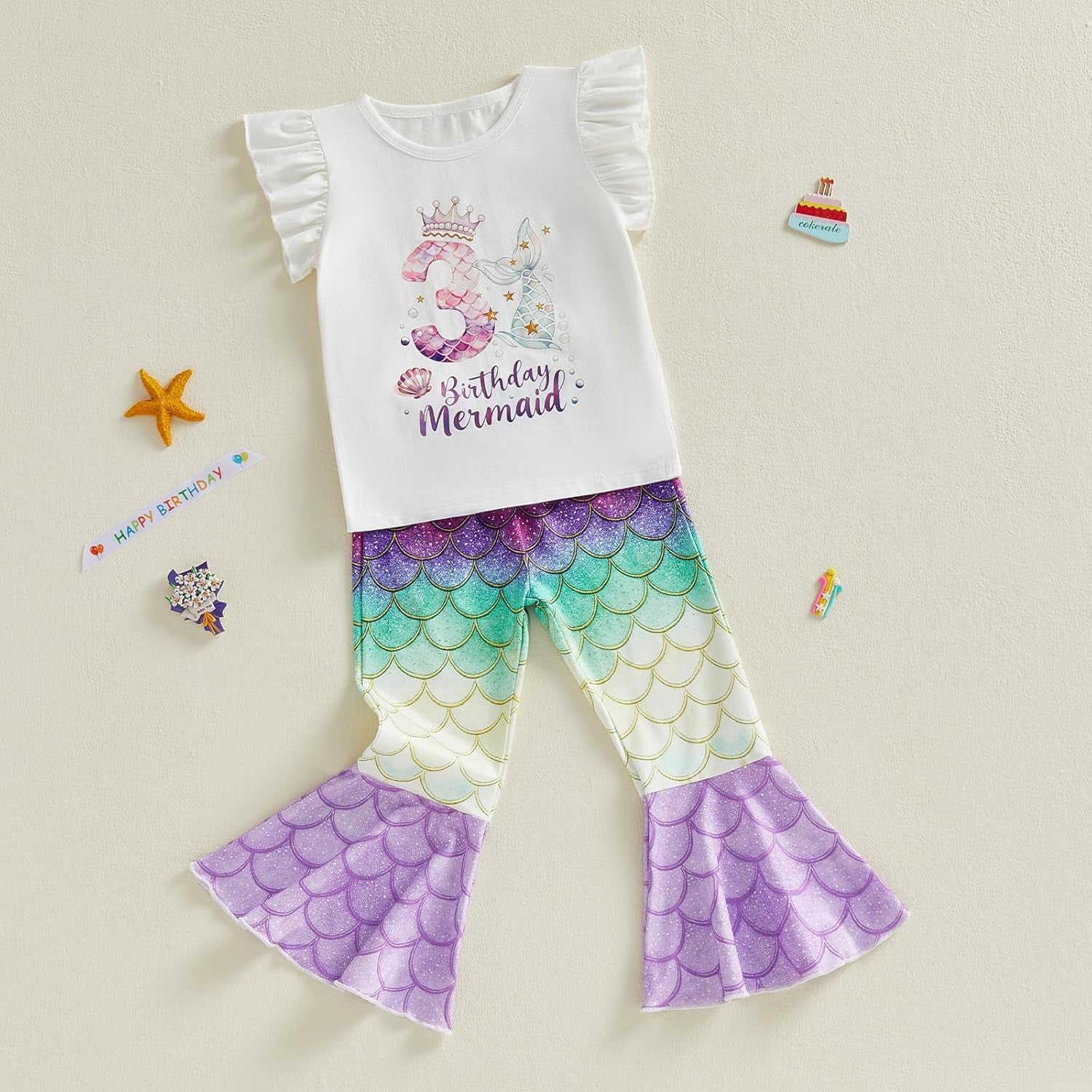 Toddler Baby Girl Birthday Mermaid Outfit 2Nd 3Rd 4Th T-Shirt Top with Mermaid Pants Summer Cake Smash Clothes Set