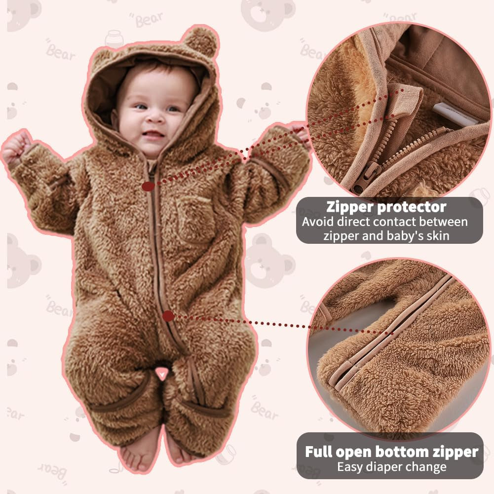 Newborn Baby Bear Outfit with Fold-Over Mittens and Footies Girls Boys Winter Fleece Clothes Hooded Romper Snowsuit
