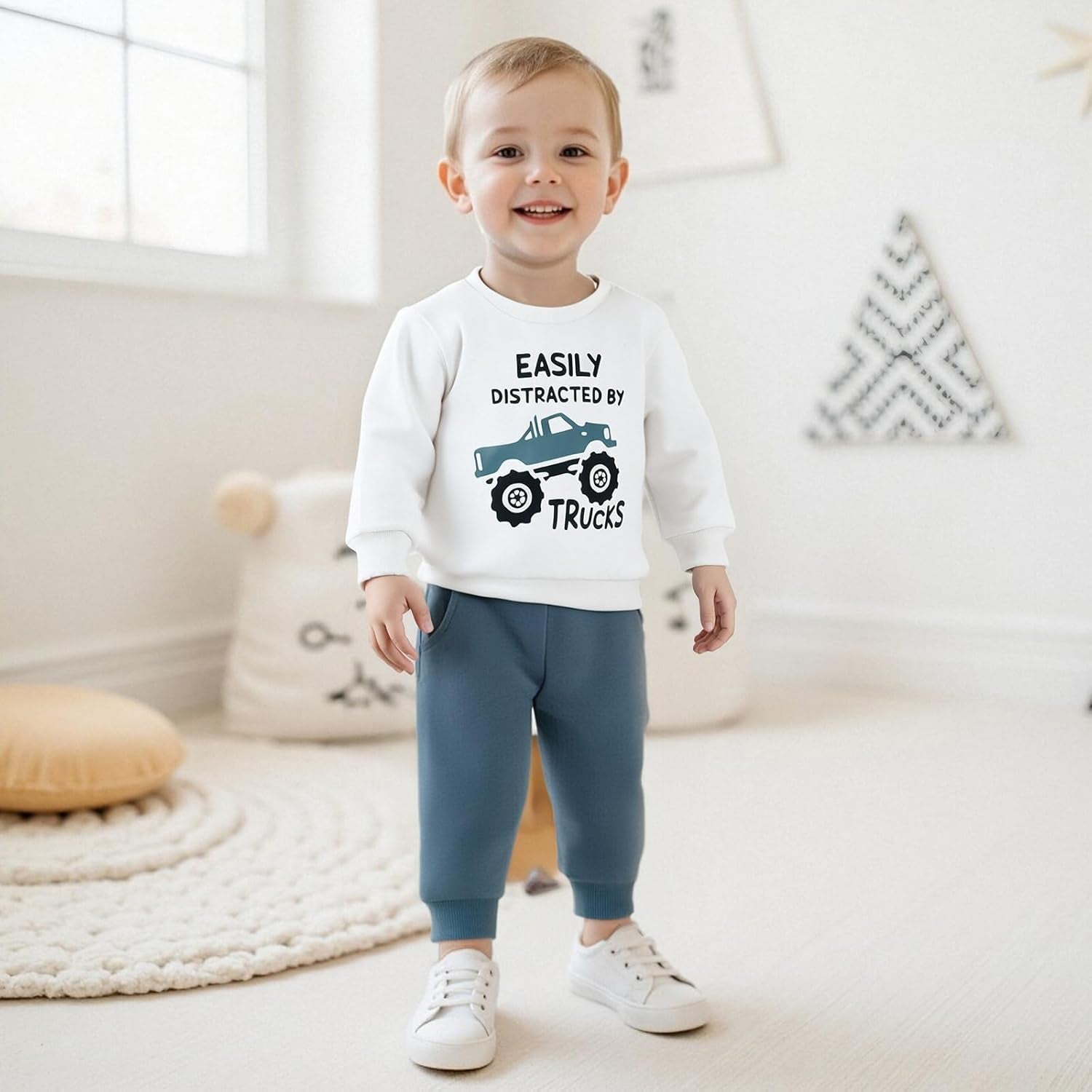 Toddler Baby Boy Fall Clothes Letter Truck Long Sleeve Pullover Sweatshirt Tops Joggers Pants Set Winter Outfits