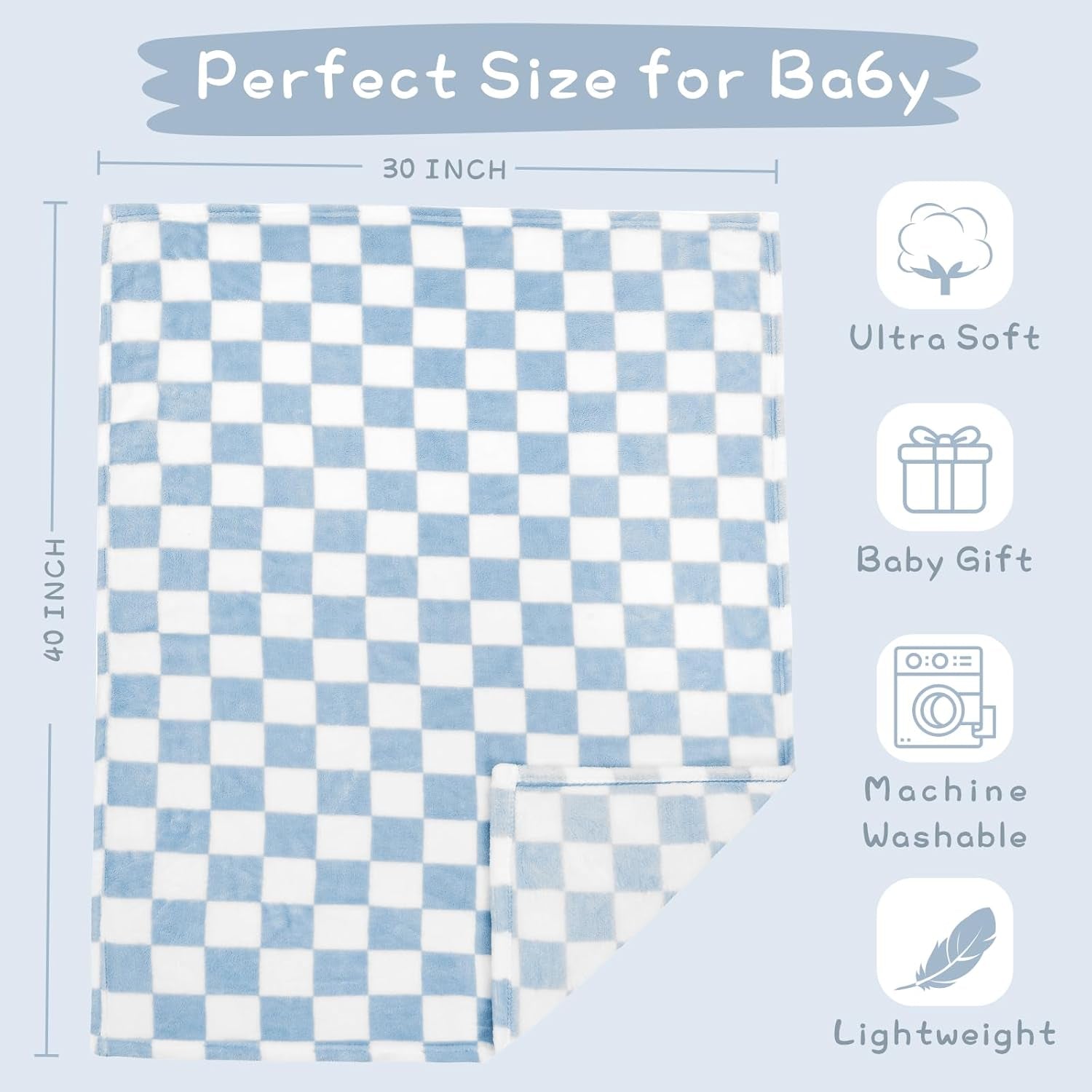 Checkered Baby Blanket Fleece Baby Blankets for Boys, Ultra Soft Cozy Fluffy Infant Toddler Newborn Receiving Blankets for Crib Stroller, 30''X40'', Blue